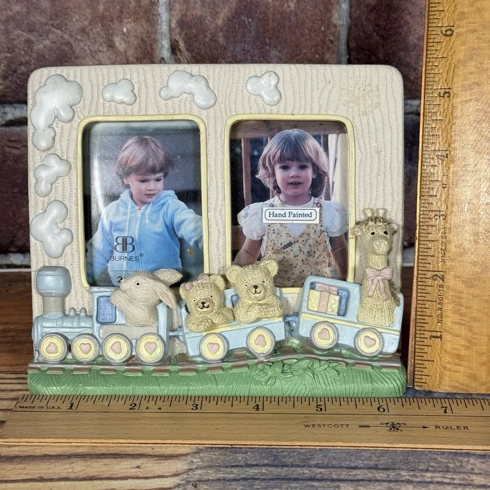 Vtg Burnes of Boston Ceramic Double Picture Frame Nursery Train 1990s Y2K Pastel